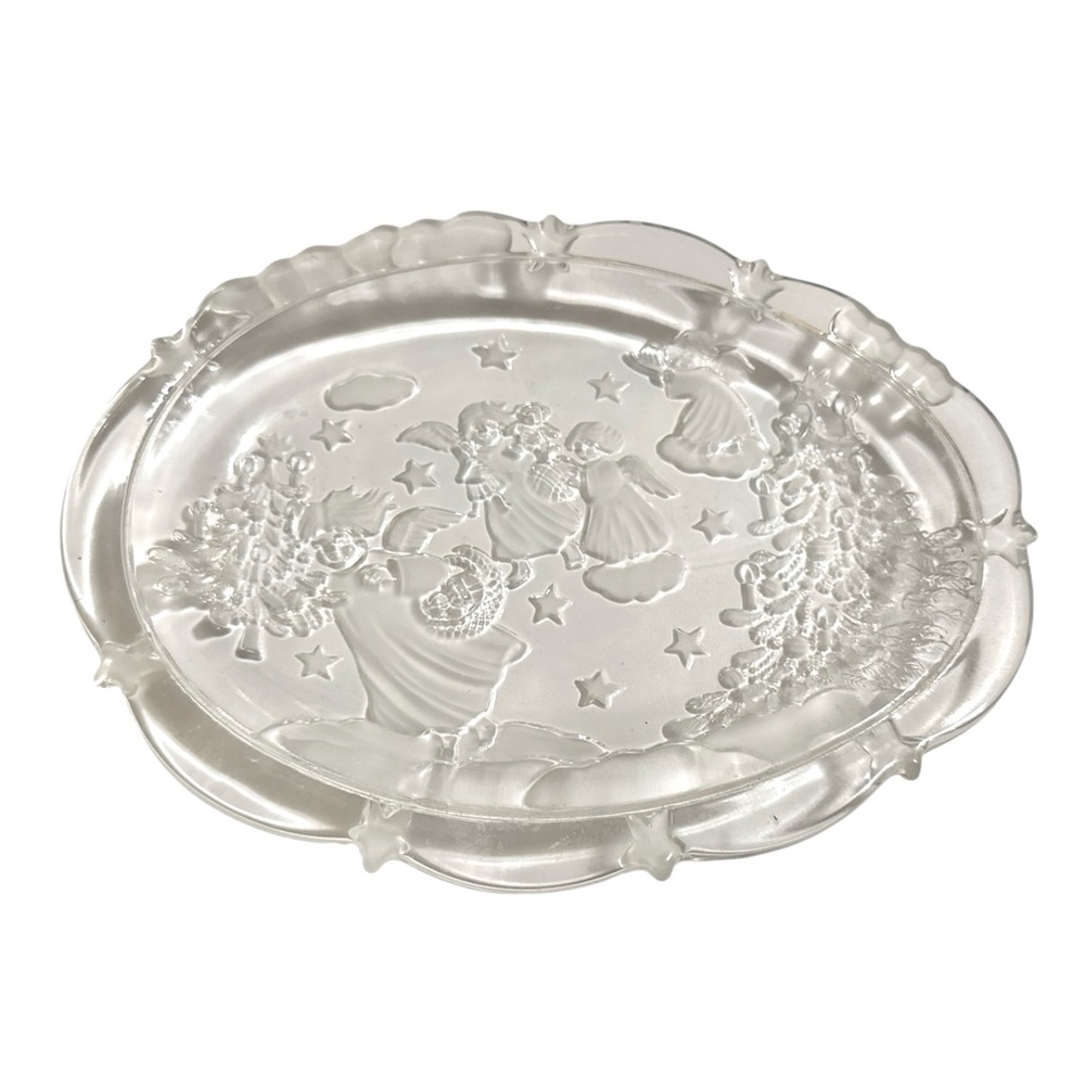 1980’s Christmas Glass Plate with‎ Angels, Stars, Celestial, Oval Candy Dish